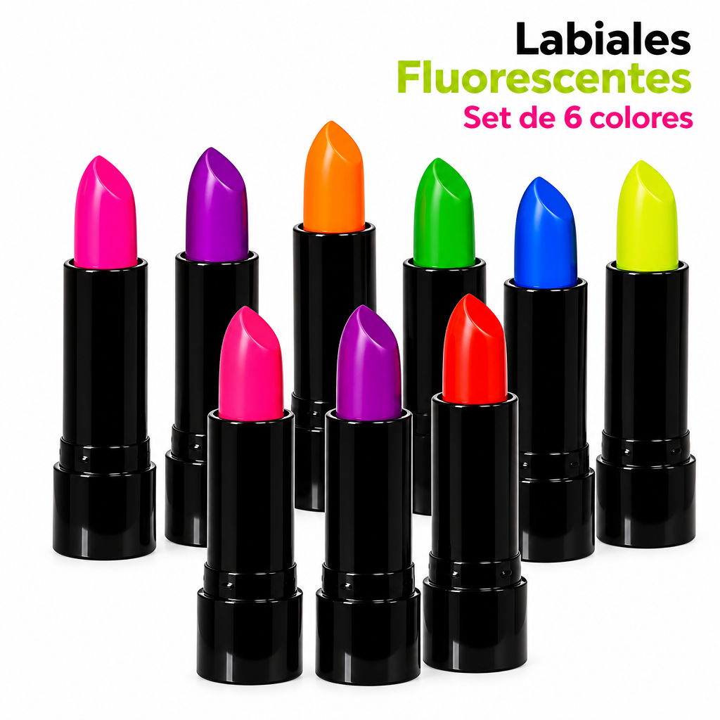 Labiales Fluorescentes Set 6 Colores — Brillan con Luz Negra | Maquillaje, Fiestas, Carnavales