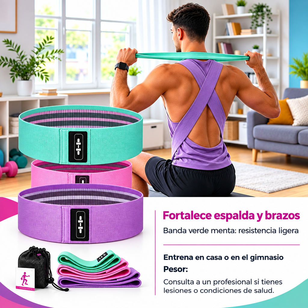 Set 3 Bandas Ejercicio Resistencia Fit | Niveles Verde Rosa Morado