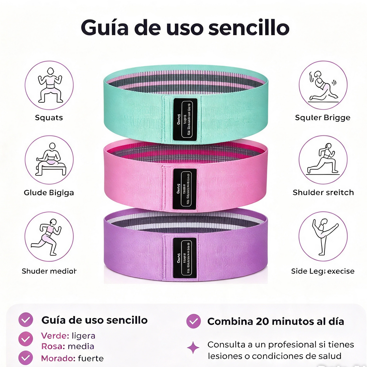 Set 3 Bandas Ejercicio Resistencia Fit | Niveles Verde Rosa Morado