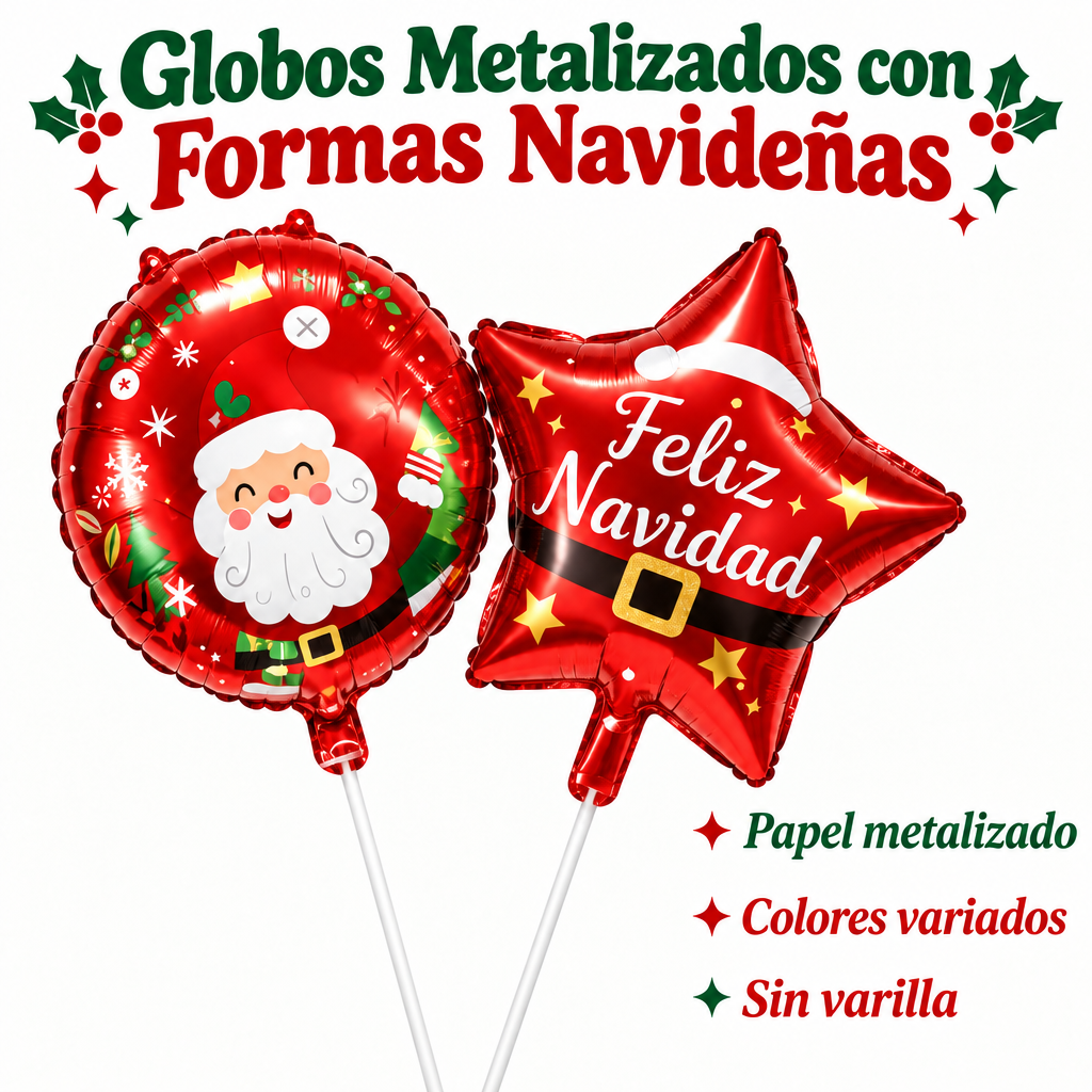 Globos Metalizados con Formas Navideñas — 45 cm sin Varilla, Diseños Surtidos