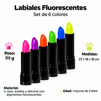 Labiales Fluorescentes Set 6 Colores — Brillan con Luz Negra | Maquillaje, Fiestas, Carnavales