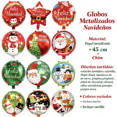 Globos Metalizados con Formas Navideñas — 45 cm sin Varilla, Diseños Surtidos