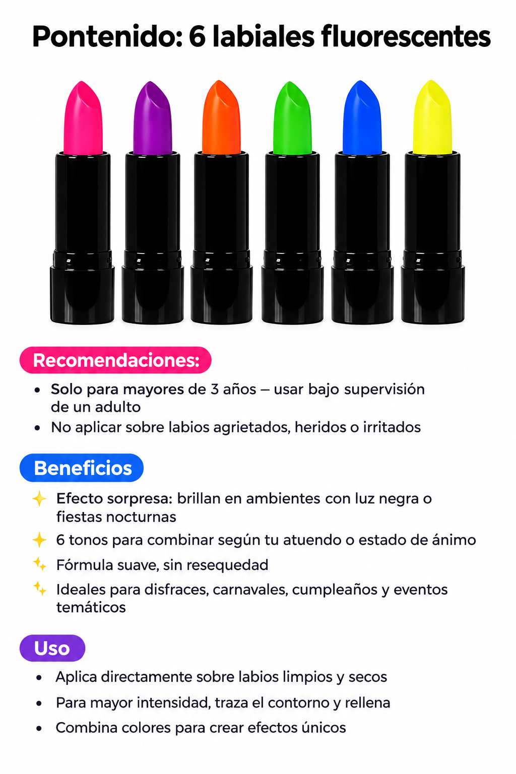 Labiales Fluorescentes Set 6 Colores — Brillan con Luz Negra | Maquillaje, Fiestas, Carnavales
