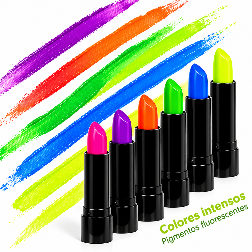 Labiales Fluorescentes Set 6 Colores — Brillan con Luz Negra | Maquillaje, Fiestas, Carnavales