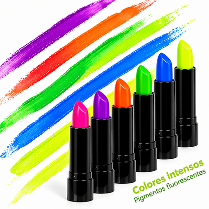 Labiales Fluorescentes Set 6 Colores — Brillan con Luz Negra | Maquillaje, Fiestas, Carnavales